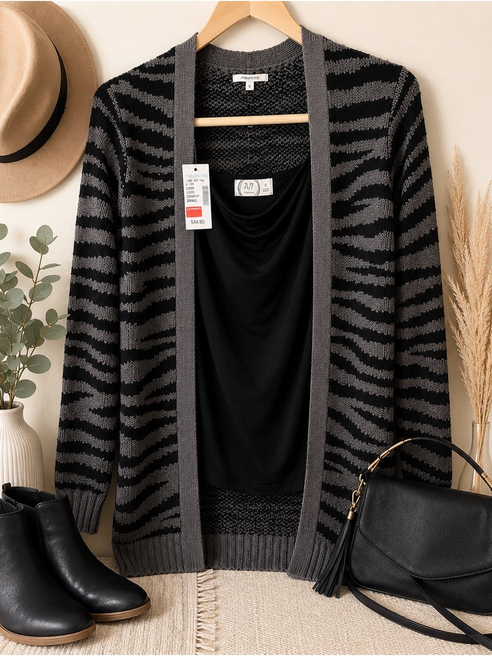 Maurices 24/7 Zebra Cardigan & Cowl Neck Cami Set Size Small NWT
